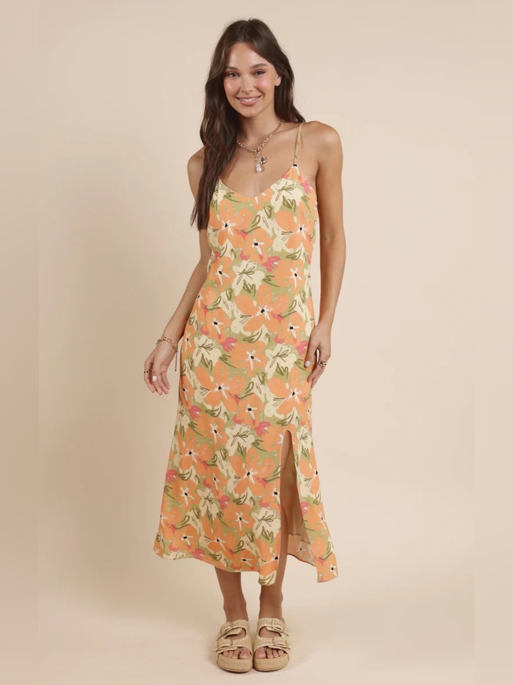 🆕 Sadie & Sage Floral Slip Midi Dress in Peach & Cream NWT SZ MED